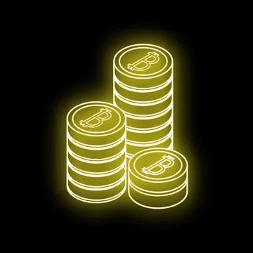Neon bitcoin cryptocurrency stack glowing on black background イラスト素材