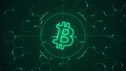 Neon bitcoin mark hexagonal mesh network targeting reticle blockchain securi 動画素材 343254074
