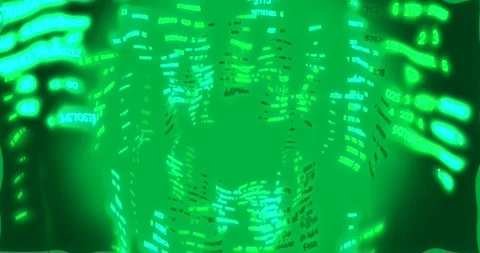 Neon bits stretching into ribbons, spiraling to form glowing code column on Stock Footage 329503227