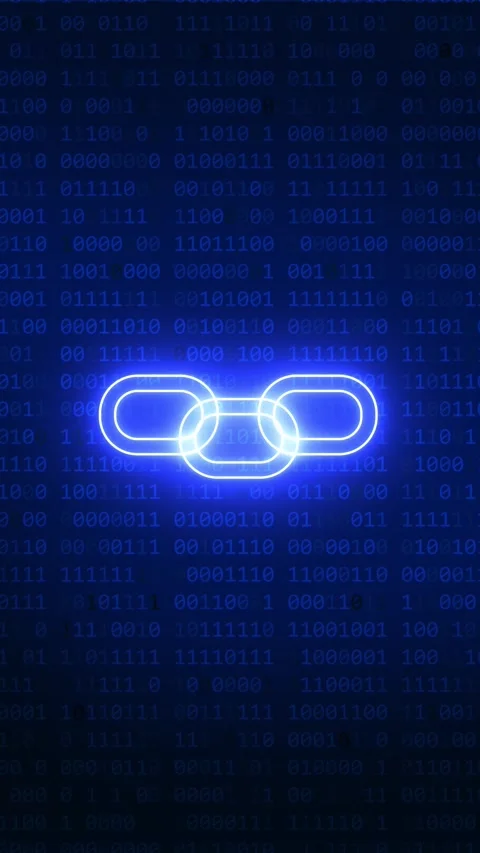 Neon blockchain code floating over digital binary background Stock Footage 325712692