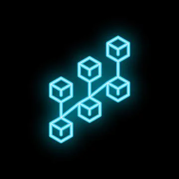 Neon blockchain icon glowing on dark background Stock Illustration