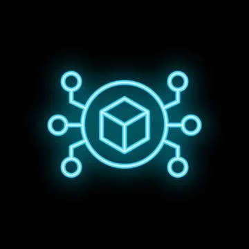 Neon blockchain network connecting through digital cube symbol on black bac.. Illustrazione stock