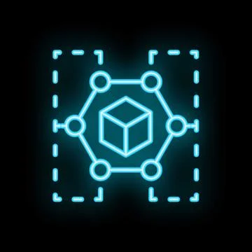Neon blockchain network icon with cube and nodes glowing on black background イラスト素材