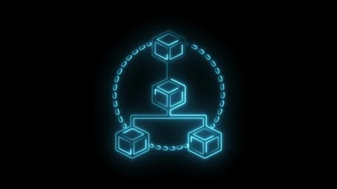 Neon blockchain network nodes linking in circle loop digital connection Stock Footage 315958380