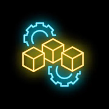 Neon blockchain technology concept with cubes and gears Stock Illustration
