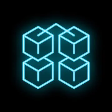 Neon blockchain technology concept with glowing cubes connected by lines Stock Illustration