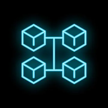 Neon blockchain technology icon connecting cubes securely Illustrazione stock