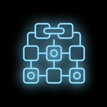 Neon blockchain technology icon glowing on dark background Stock Illustration