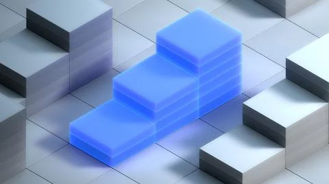 Neon blocks growing up as a graph chart. Growth and development concept. 3d Stock Illustration