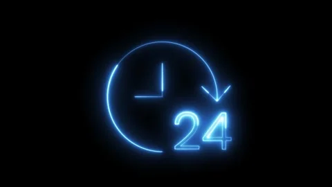 Neon blue 24-hour clock arrow animation isolated on black background, conti.. Stock Footage 319017464
