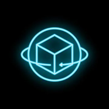 Neon blue 3d modeling software cube rotating in space with arrow symbol Illustrazione stock