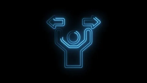 Neon blue abstract human figure with branching arrows left and right on icon Stock Footage 333955109