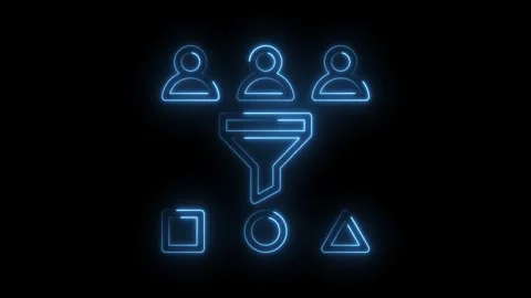 Neon blue abstract process funnel with people filtering shapes data sorting Stock Footage 330872115