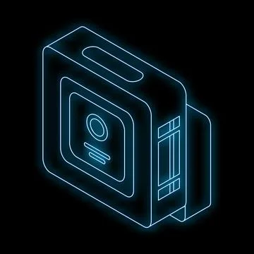 Neon blue action camera glowing on black background Stock Illustration