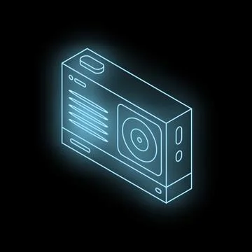 Neon blue action camera glowing on black background 스톡 일러스트