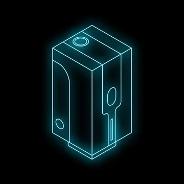 Neon blue action camera glowing on black background Stock Illustration