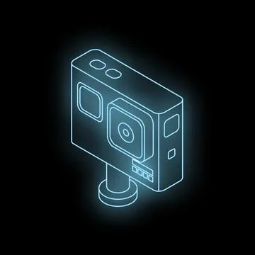 Neon blue action camera icon on black background, isometric view Stock Illustration