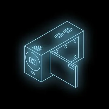 Neon blue action camera opening battery compartment on black background Stock Illustration