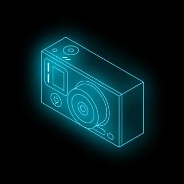 Neon blue action camera shining in the dark Stock Illustration