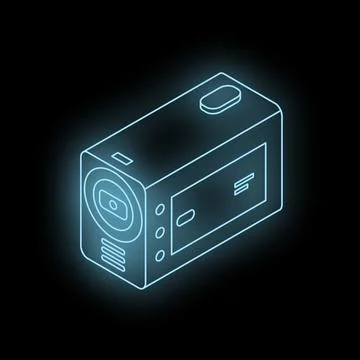 Neon blue action camera shining in the dark Stock Illustration