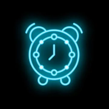 Neon blue alarm clock ringing on black background Stock Illustration