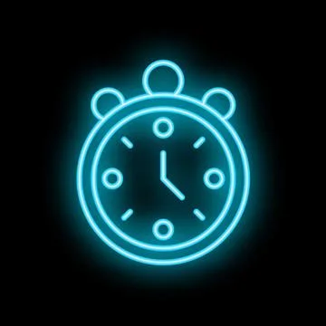 Neon blue alarm clock shining on black background Stock Illustration