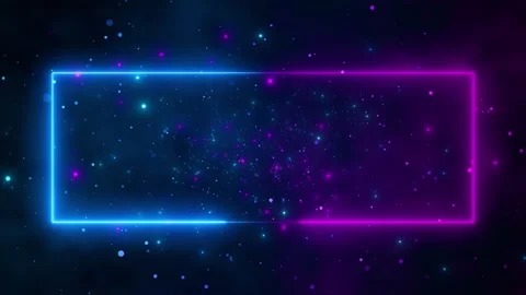 Neon blue and magenta rectangle frame glowing border, floating particles, dark c Stock Footage 340468548