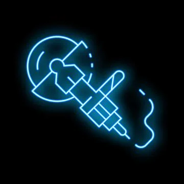 Neon blue angle grinder cutting metal material icon isolated on black backg.. Stock Illustration