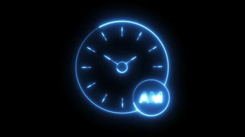 Neon blue animated clock with moving hands and AM text, isolated on a solid.. Stock Footage 319017460