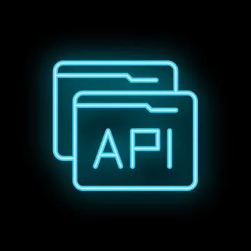 Neon blue api folder icon glowing on dark background Illustrazione stock