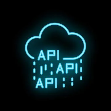 Neon blue api raining cloud icon on black background Stock Illustration