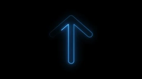 Neon blue arrow icon appearing with light trail effect on black background .. Stockbeeldmateriaal 338287728