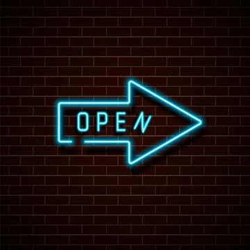 Neon blue arrow open on a brick wall. Vector Illustration. Stock Illustration