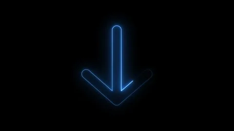 Neon blue arrow pointing down on black background in motion for digital con.. Stockbeeldmateriaal 338287730