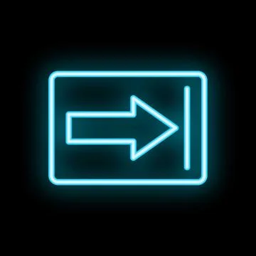Neon blue arrow pointing right inside a rounded rectangle on black background Stock Illustration