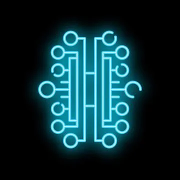 Neon blue artificial intelligence chip glowing on black background Illustrazione stock
