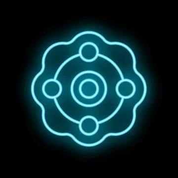 Neon blue atom icon glowing on black background Stock Illustration