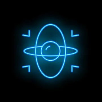 Neon blue atom model orbiting on black background Stock Illustration