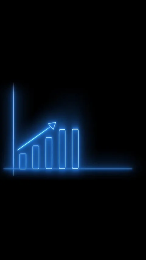 Neon blue bar graph with upward arrow on black background chart data Stock Footage 337462630