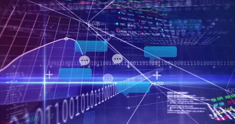Neon-blue beam sweeping, 3D grid emerging with chat bubbles, polyline graph Stock Footage 310326534