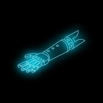 Neon blue bionic arm extending in dark space Stockillustratie