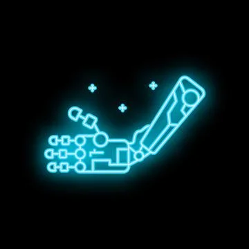 Neon blue bionic arm offering handshake on black background Stock Illustration