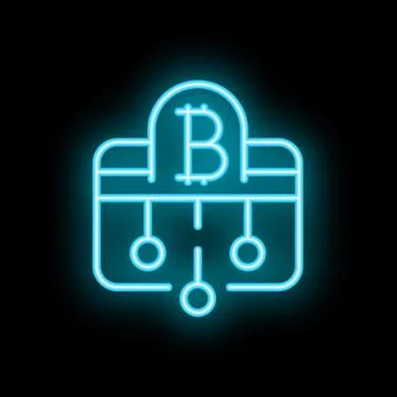 Neon blue bitcoin atm interface showing payment processing system Illustrazione stock