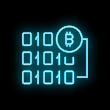 Neon blue bitcoin cryptocurrency mining binary code icon Stock Illustration