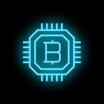 Neon blue bitcoin sign inside microchip circuit board Stock Illustration