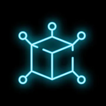 Neon blue blockchain cube connecting with circles on black background 스톡 일러스트