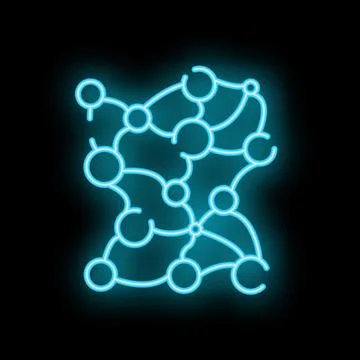 Neon blue blockchain network forming abstract shape on black background Illustrazione stock
