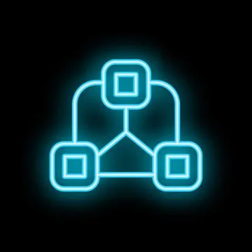 Neon blue blockchain technology icon glowing on black background Stock Illustration