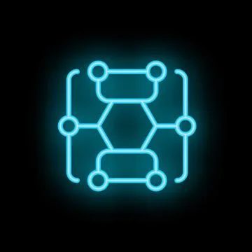 Neon blue blockchain technology icon glowing on black background Stock Illustration