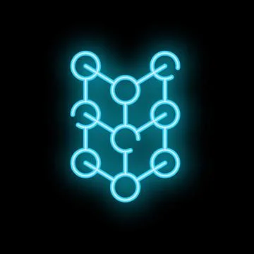 Neon blue blockchain technology icon glowing on black background Stock Illustration